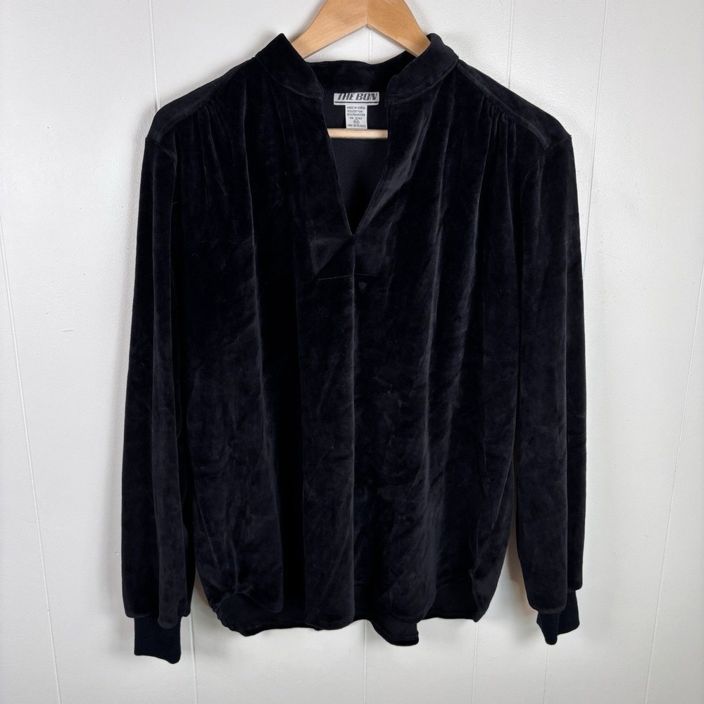 Vintage 1980s The Bon Marché‎ Size Large (40) Velour Black Pullover V-neck Top